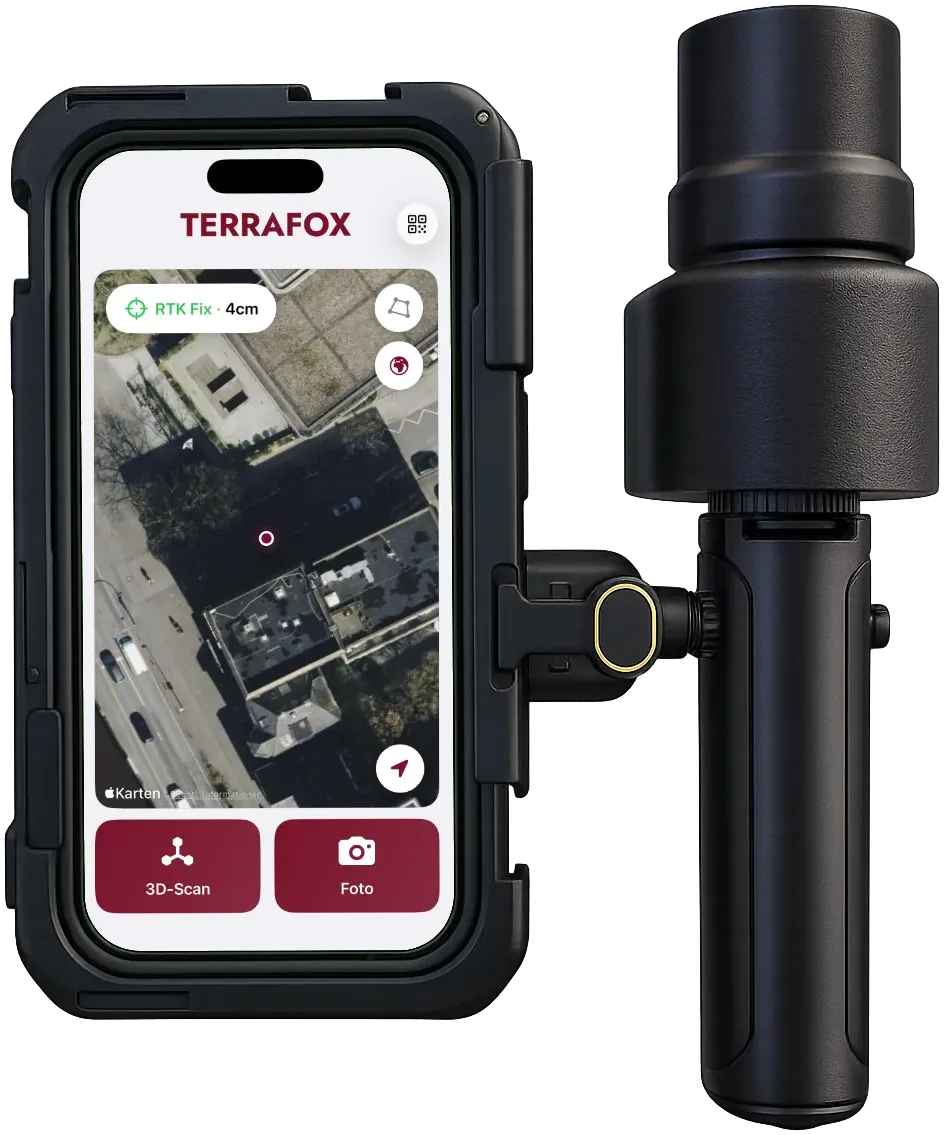 Terrafox iPhone mit RTK-Antenne und Handgriff